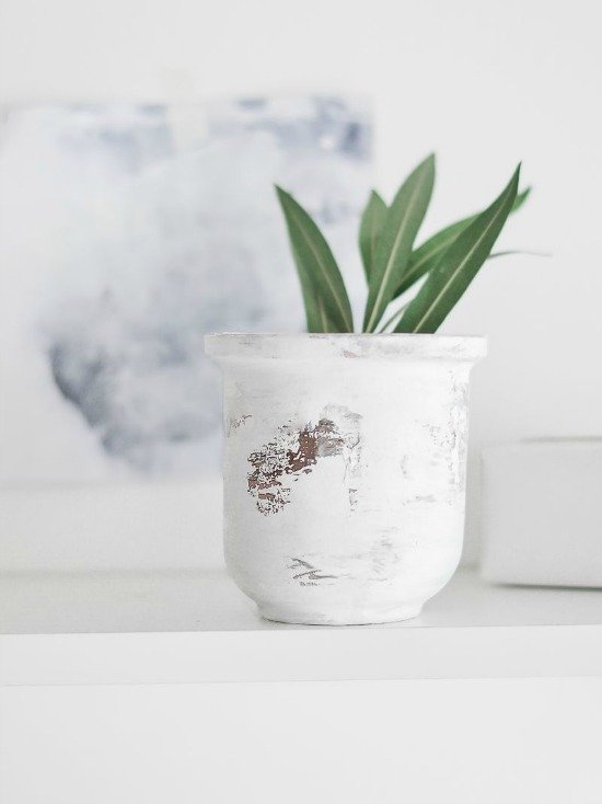 Distressed painted vase used a potted plant with chippy paint sitting on white shelf