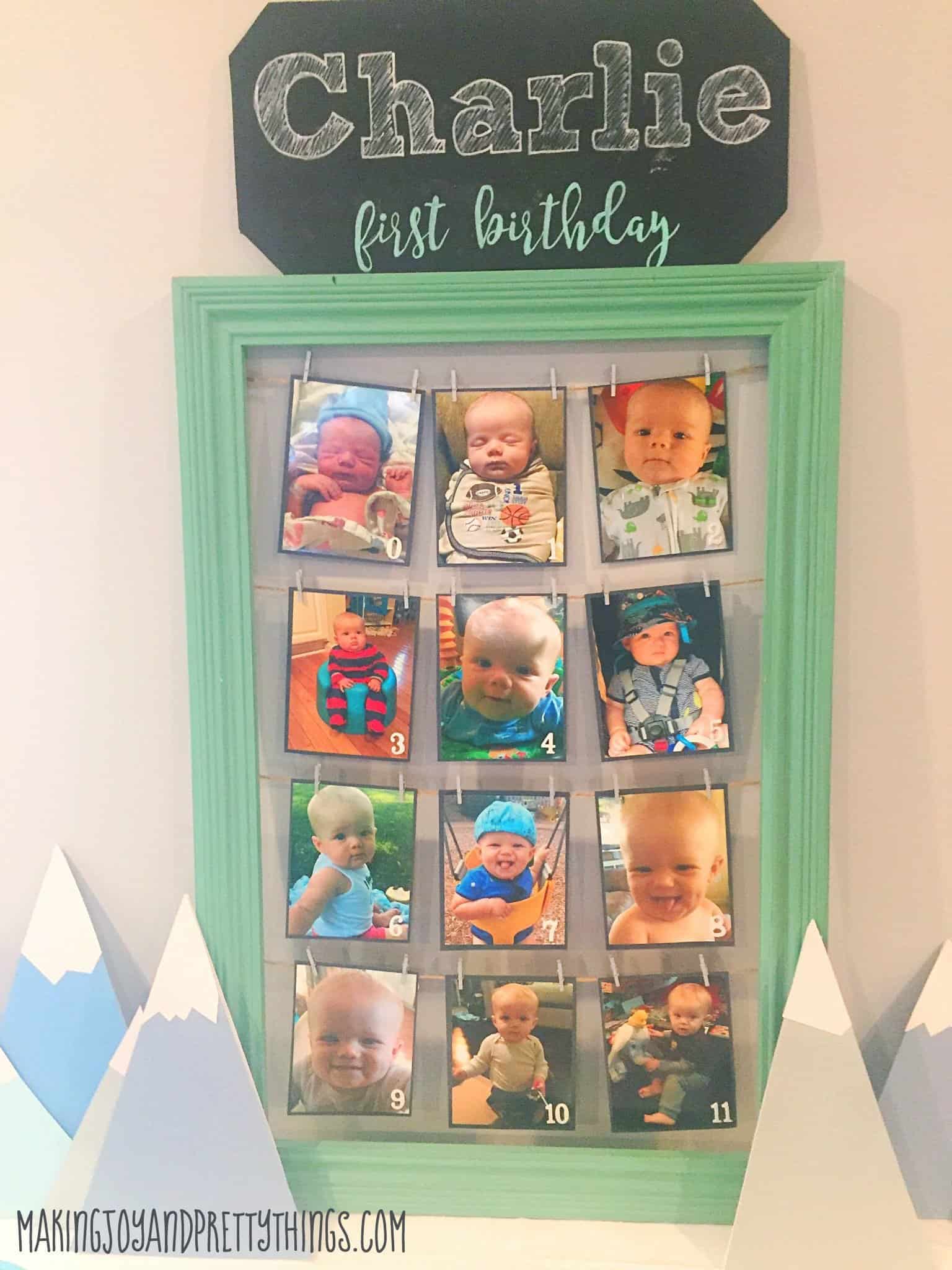 DIY Month by Month picture display. Perfect for 1st birthday parties. Easy DIY craft for birthday party decor!