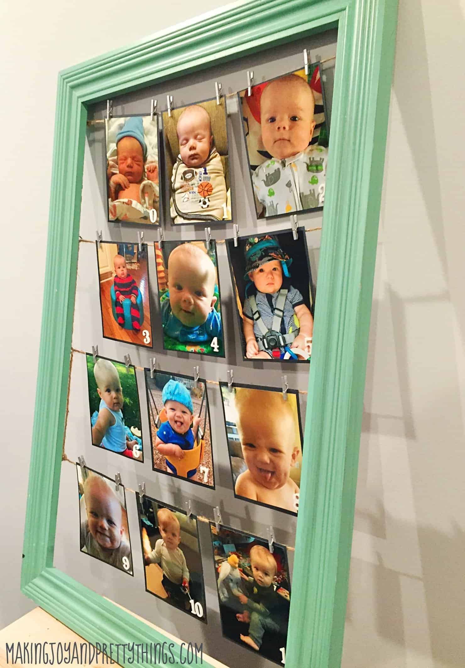 Pictures assembled in a row by month for a 1st birthday creative way to show a child's first year of life.