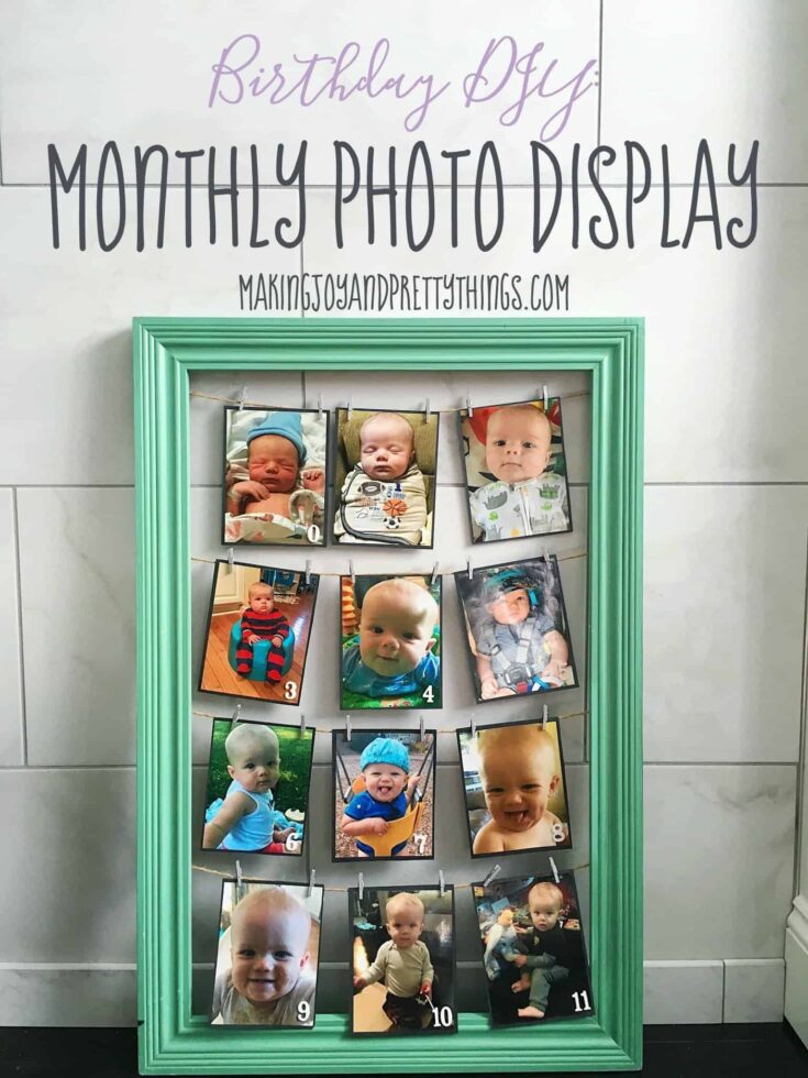 DIY Month by Month picture display. Perfect for 1st birthday parties. Easy DIY craft for birthday party decor!