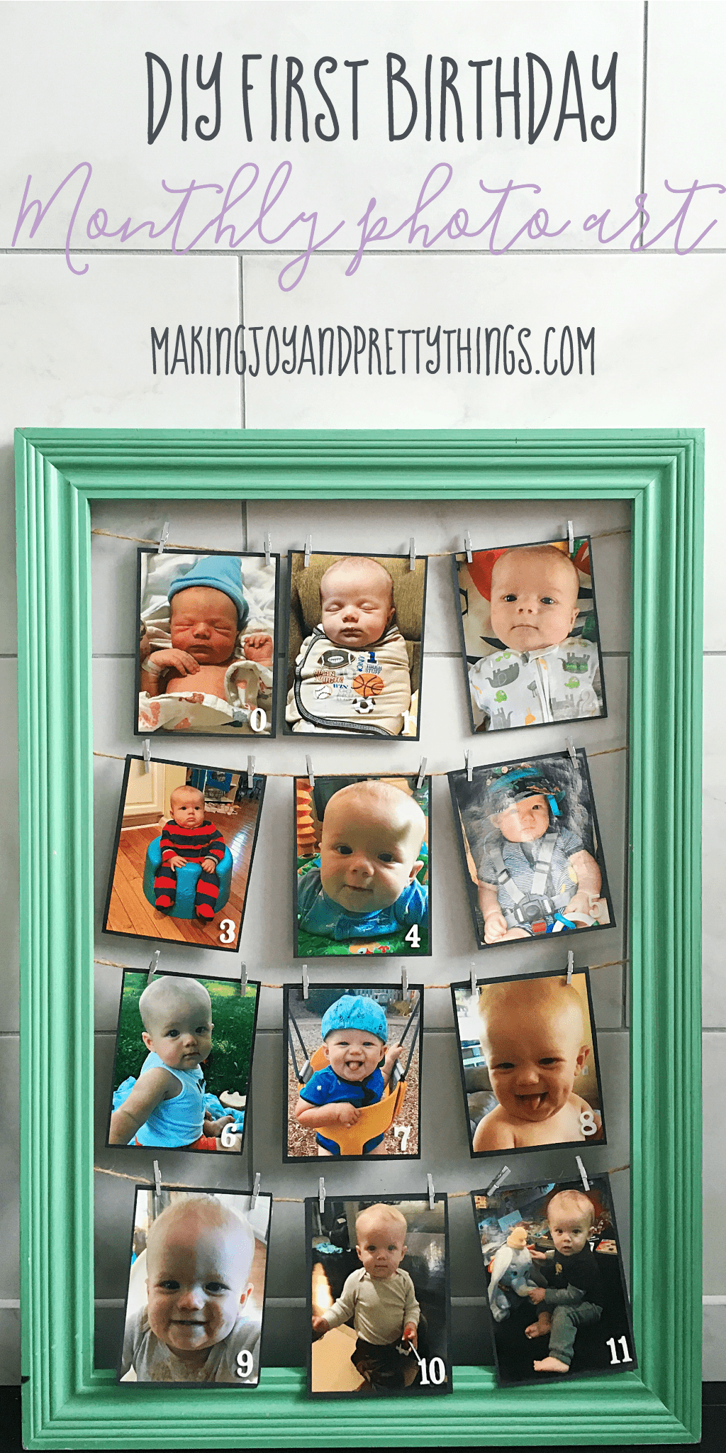 Picture Board of a baby's first year of growth from 0 months to 11 months hung with clothes pins and twine