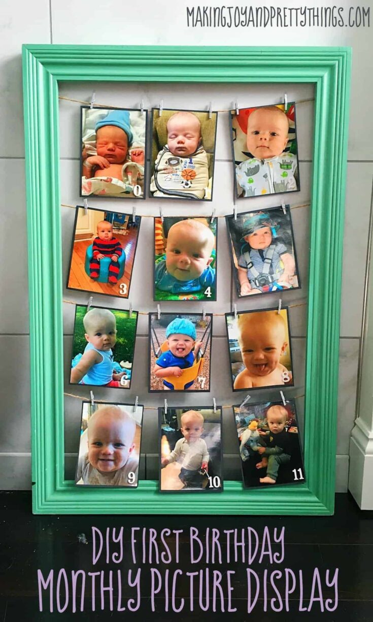 DIY Month by Month picture display. Perfect for 1st birthday parties. Easy DIY craft for birthday party decor!