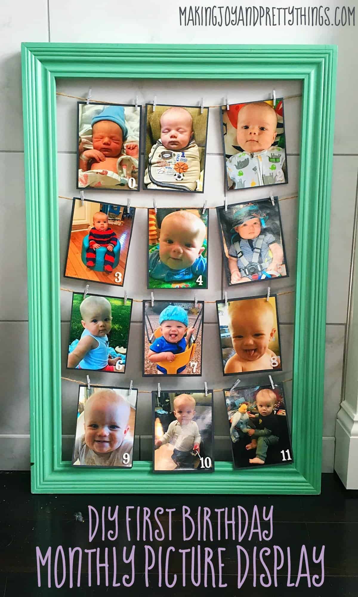 DIY Monthly photo frame display. Perfect for 1st birthday parties. Easy DIY craft for birthday party decor!