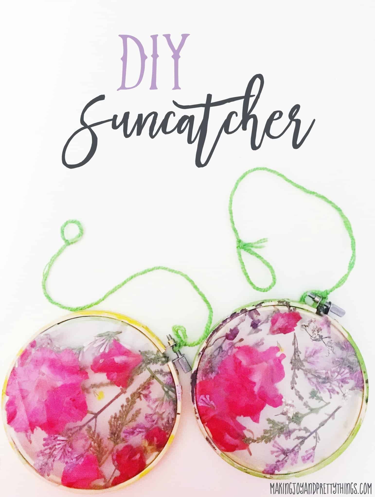 Two small pressed flower suncatchers made with pink and purple pressed dried flowers in craft hoops. Image text overlay reads 