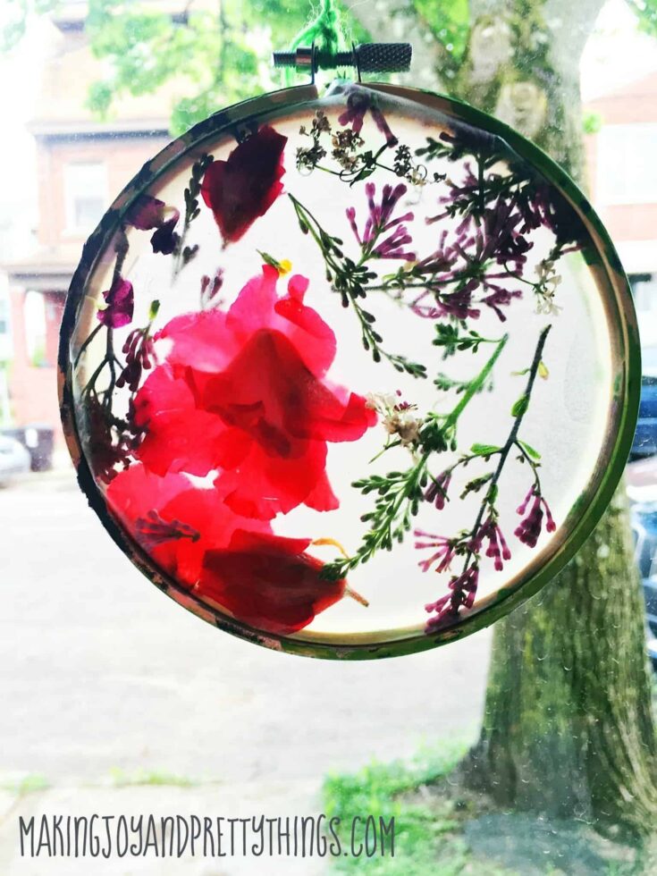 A pressed flower suncatcher made with embroider hoops, contact paper, and colorful flower petals.