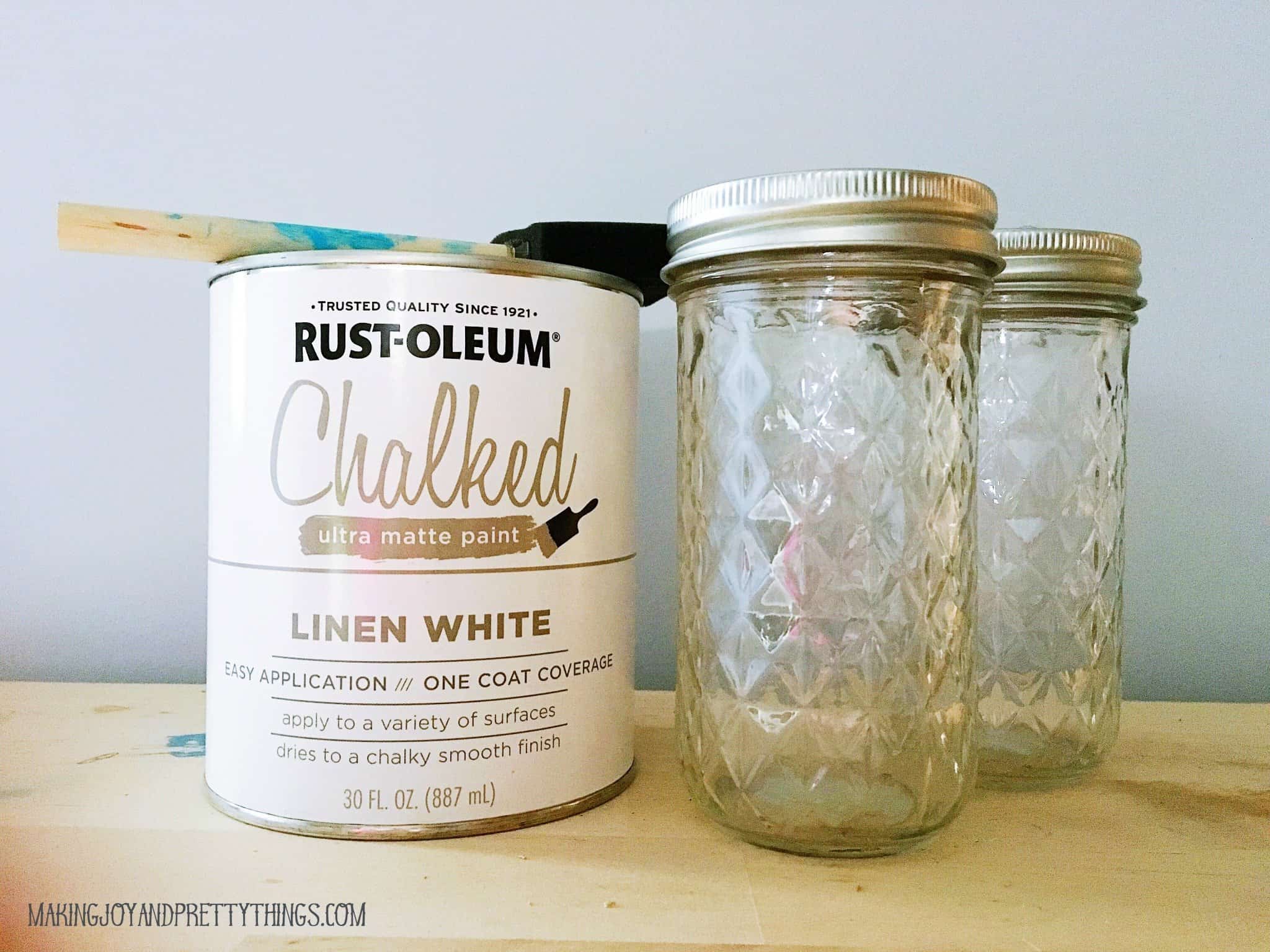 Supplies you need to paint jelly jars in a linen white chalk paint in order to distress them for teach gift