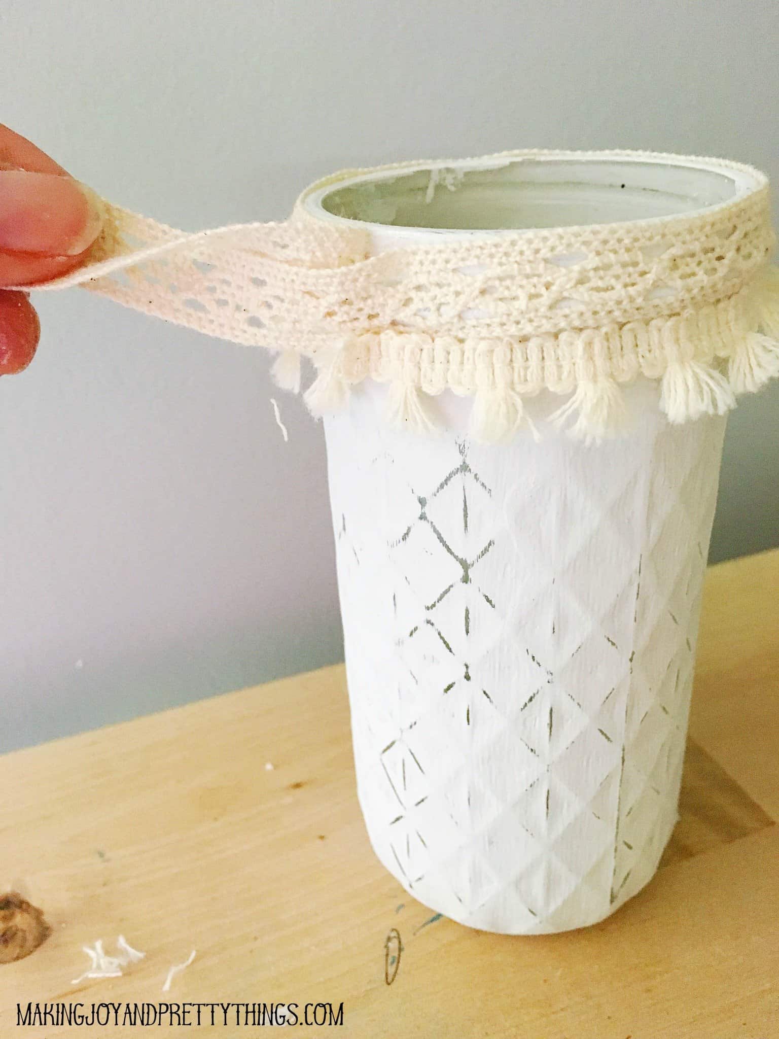 Great accent and flare piece adding ribbon to a jar that has been distressed with white chalk paint