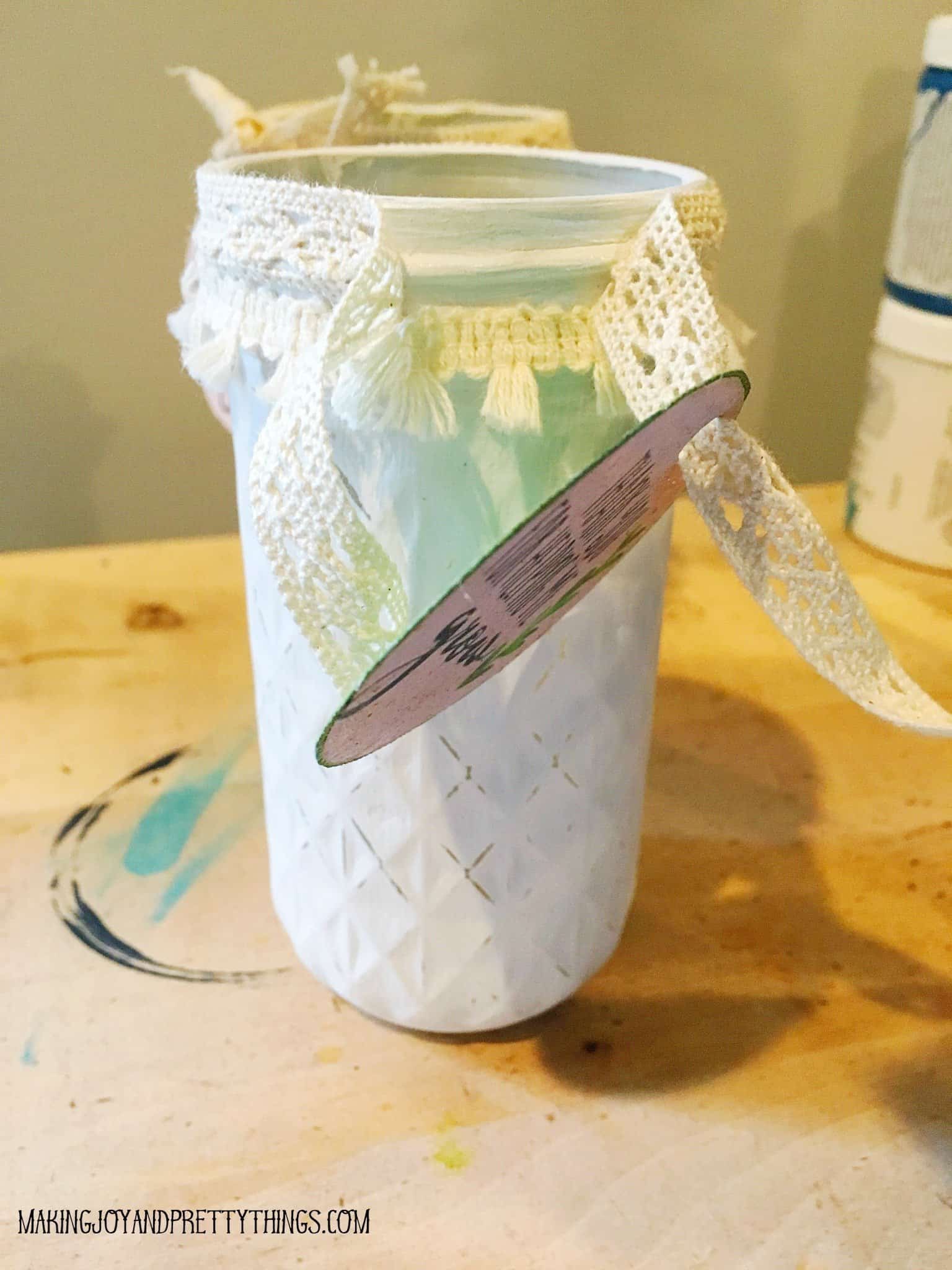 Threading the Thanks for helping me grow printable with ribbon on the distressed jar