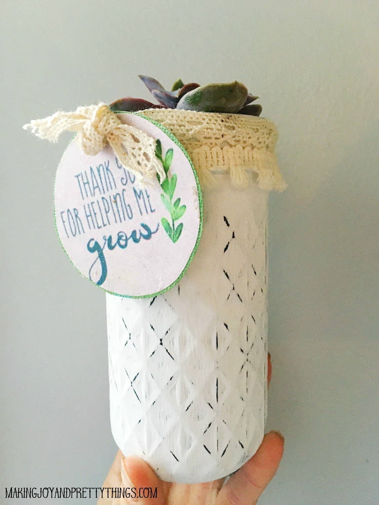 DIY thank you for helping me grow tag on cardstock with michaels ribbon and plants 
