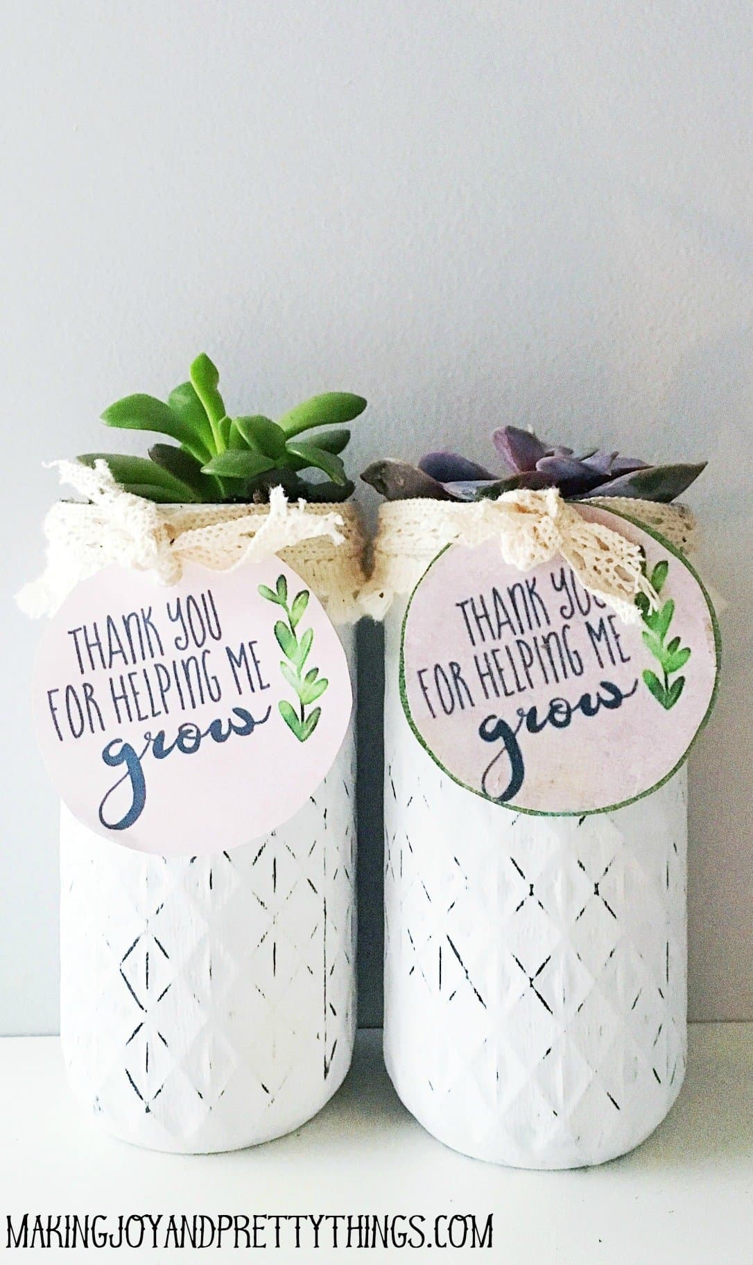 Two mason jars side by side with succulents and a free printable for teach appreciation week