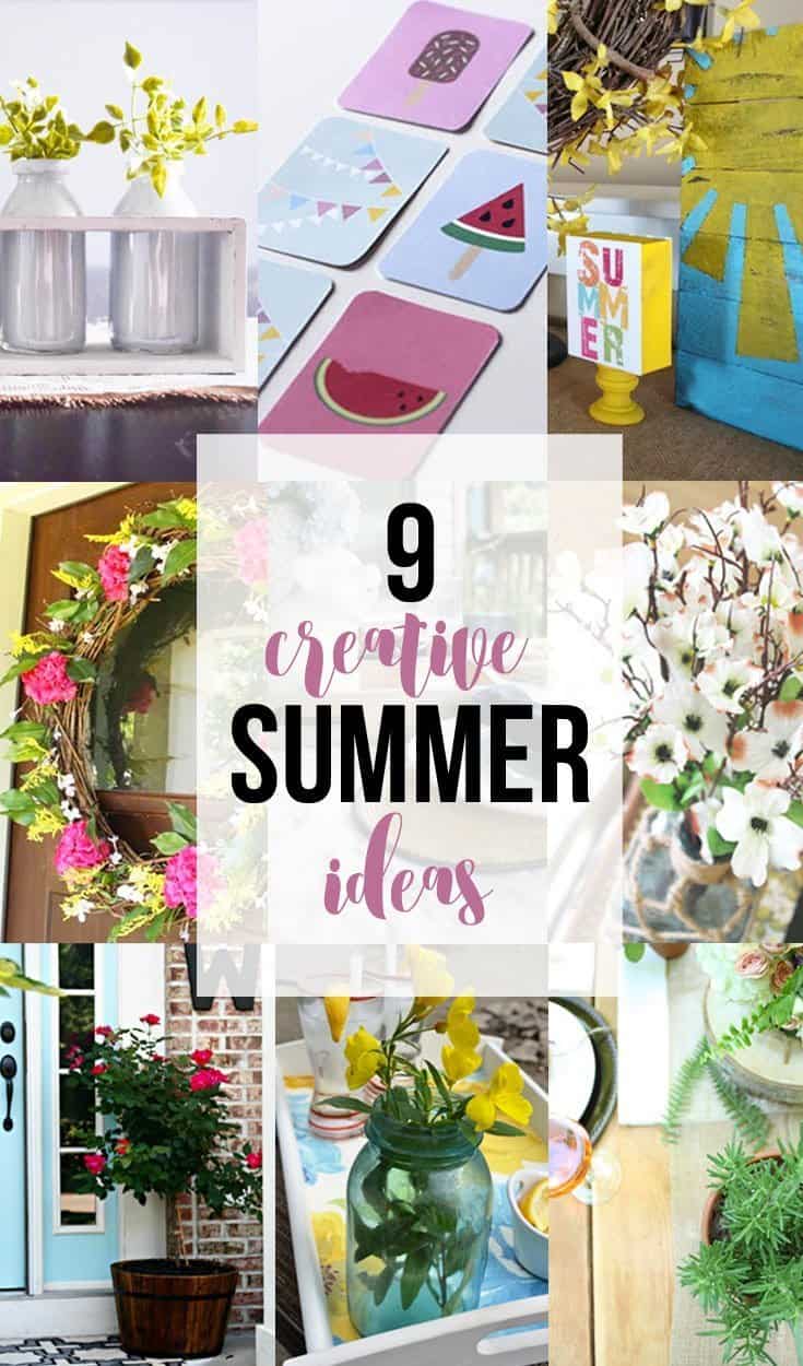 A collage of images featuring colorful Summer craft ideas - wreaths, centerpieces, floral arrangements and more. Image text overlay reads 