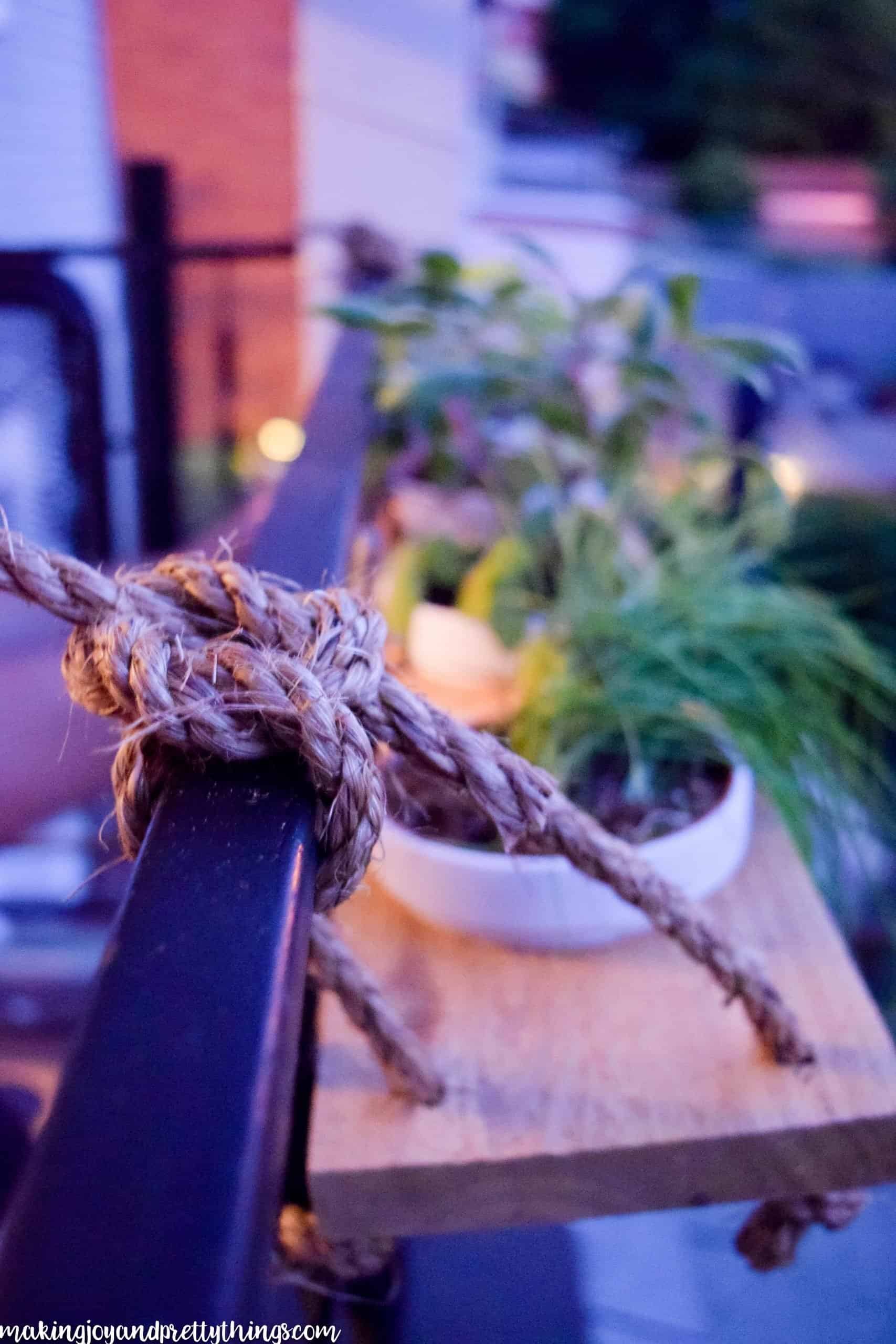 Side view of a hanging garden with herbs and white clay pots on a cedar board 