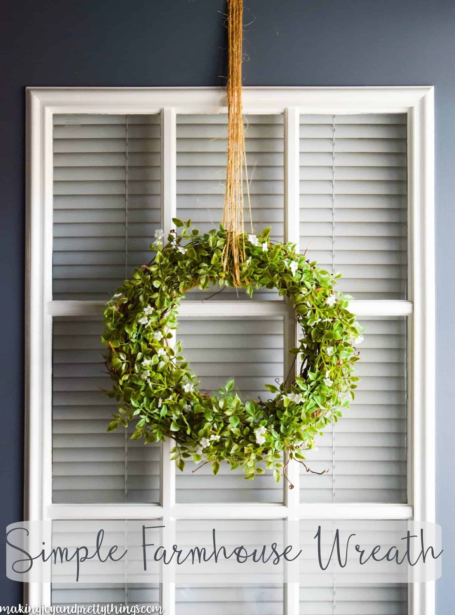This simple farmhouse wreath is an easy DIY to add fixer upper and farmhouse style to your home. Easy to make and has a beautifully simple finish. Bring the farmhouse style home decor into your home