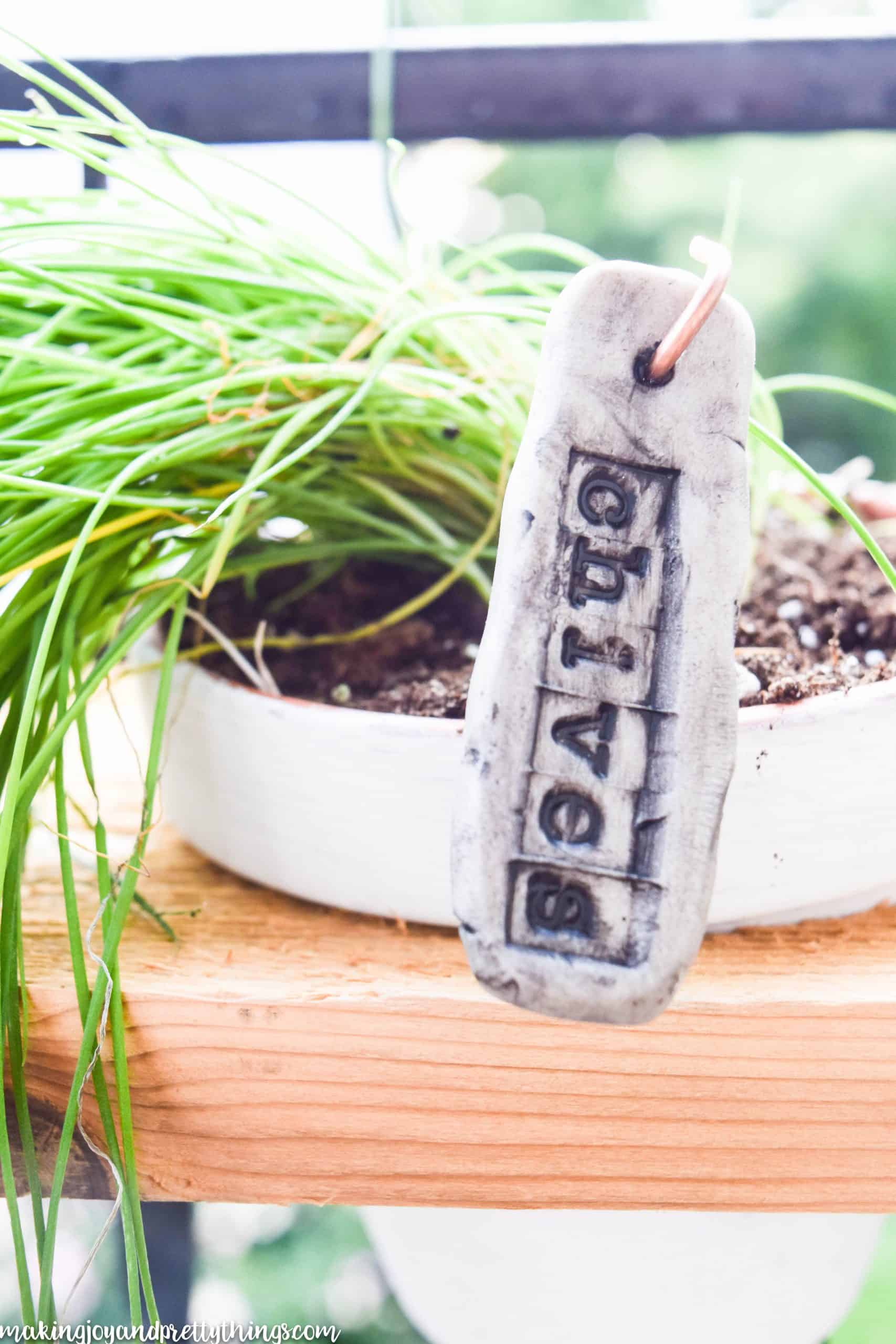 DIY plant labels in potted pots in an herb garden on rustic barnwood with a farmhouse look