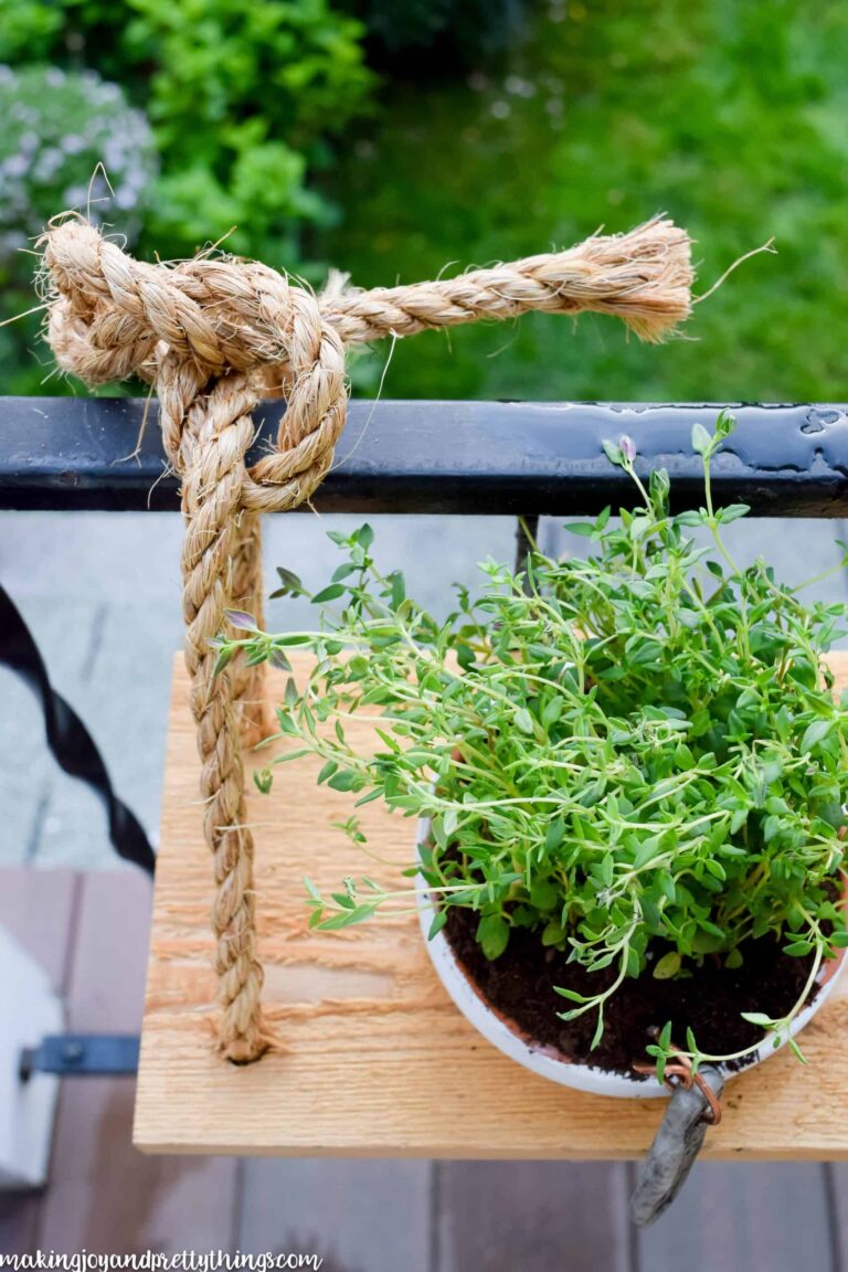 You HAVE to check out this amazing DIY hanging herb garden!! Perfect DIY herb garden for a small outdoor space. Hangs on a railing like a window box!