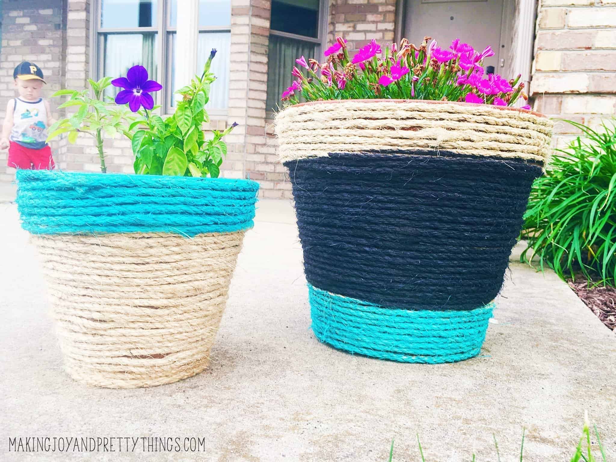 Completed rope planters with different tones and colors that accent really well and give a unique look 