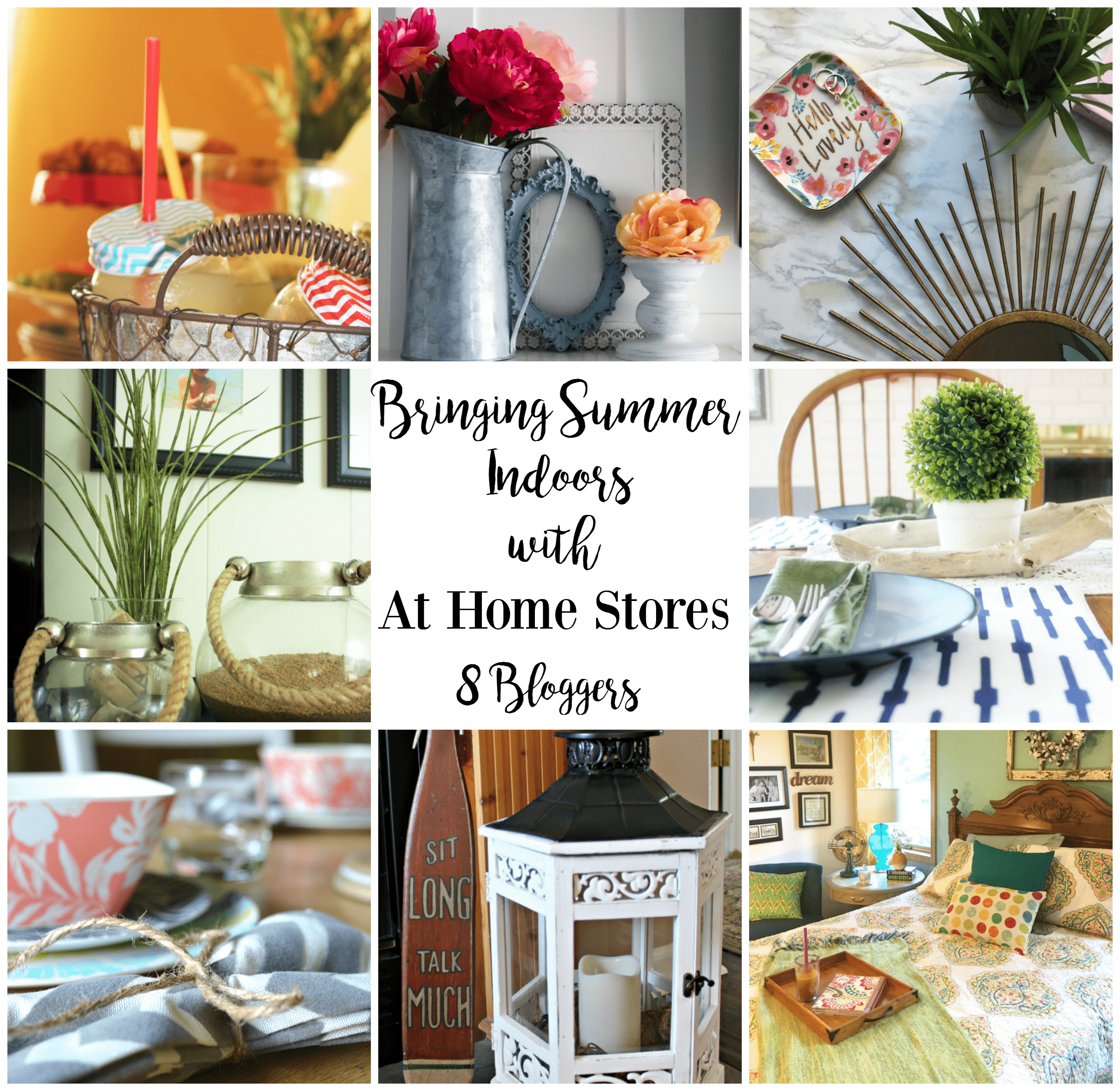 A collage of 8 images showing different summer crafts from other bloggers. Image text in the center reads 