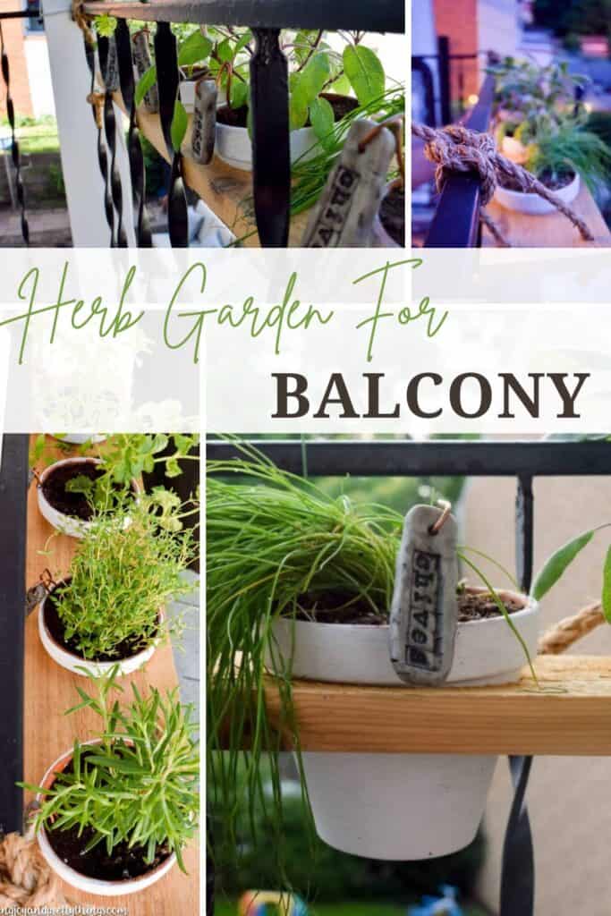 Collage photo of a potted plant on a balcony with text overlay that reads 'Herb Garden for Balcony.'