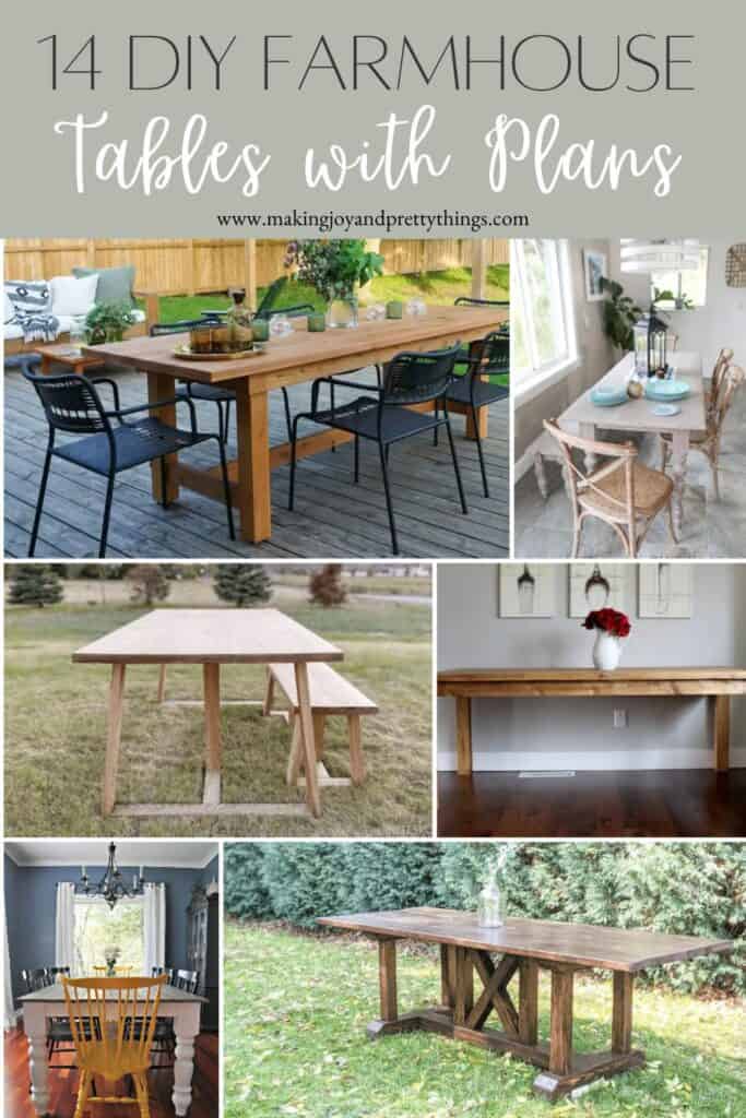 Image collage of six DIY farmhouse tables with text overlay 