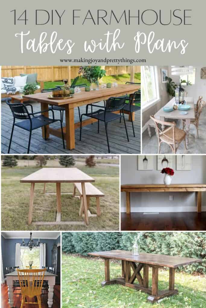 Image collage of six DIY farmhouse tables with text overlay