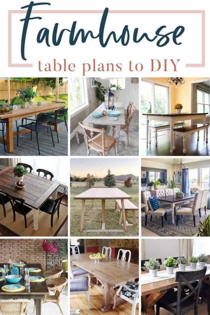 Photo collage of table plans with text overlays saying "Farmhouse table plans to DIY"