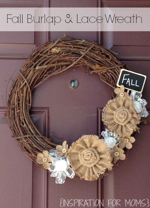 Tiny fall wreath with burlap flowers and lace wrapped around twigs with a fall sign to bring in the season