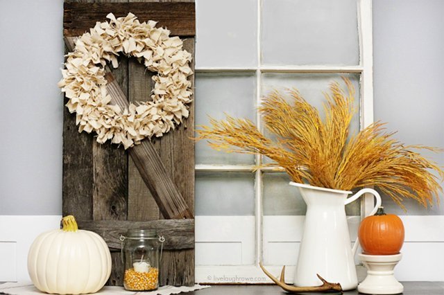 Simple wreath to bring in the fall season made from white drop cloth and stained to a tan color 
