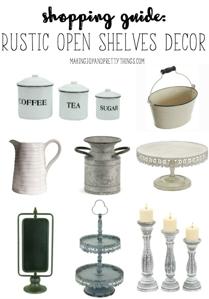 Shopping Guide: Rustic Open Shelves Decor. Tons of fixer upper and farmhouse decor items that would look perfect on open shelves