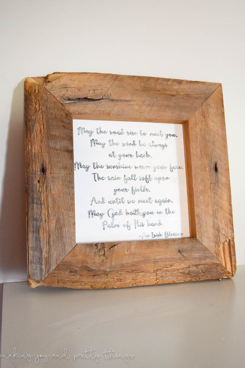 Rustic farmhouse frame that frames in an irish blessing with a homemade rustic touch decor art