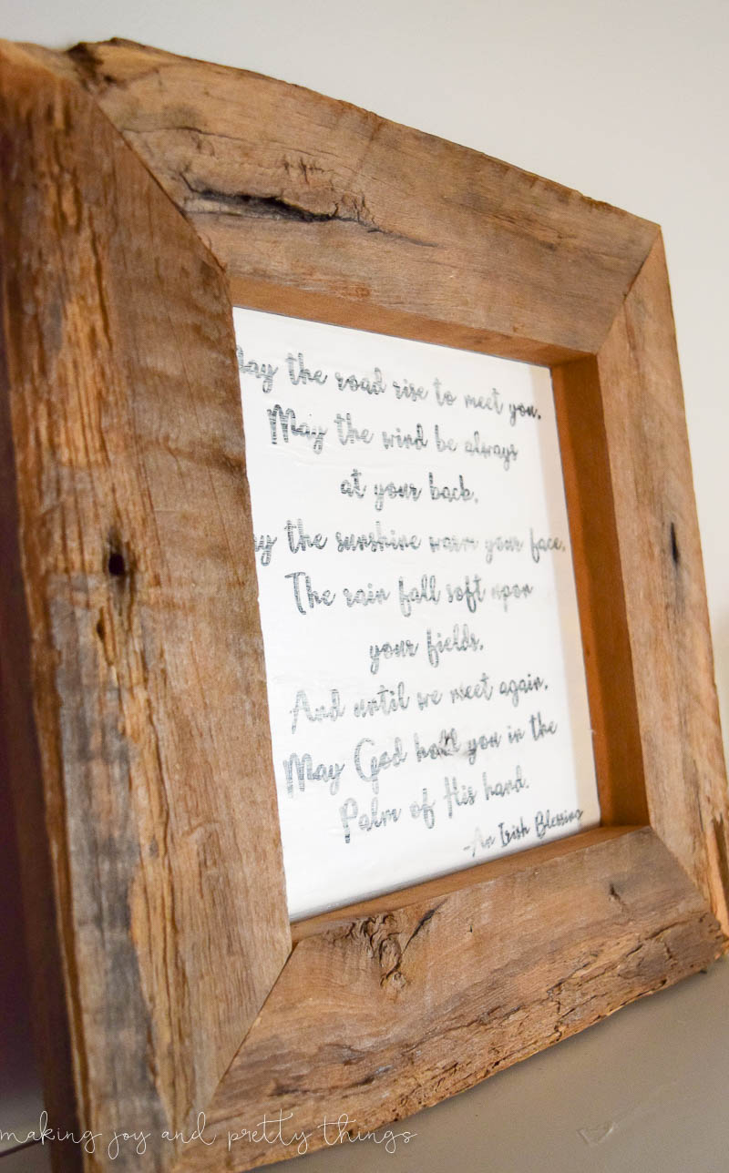 Completed Irish blessing sign with rustic barn wood and a farmhouse style frame with rough sawn wood