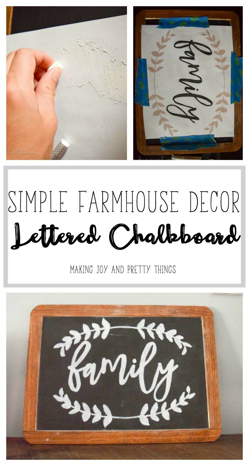Simple Farmhouse Decor: DIY chalkboard lettering on a sign used as a decor item for rustic shelves