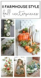 11 Farmhouse Style Fall Centerpieces. Inspiration for your fixer upper or farmhouse style fall centerpieces or tablsecapes. Can even be using for Thanksgiving tables capes!