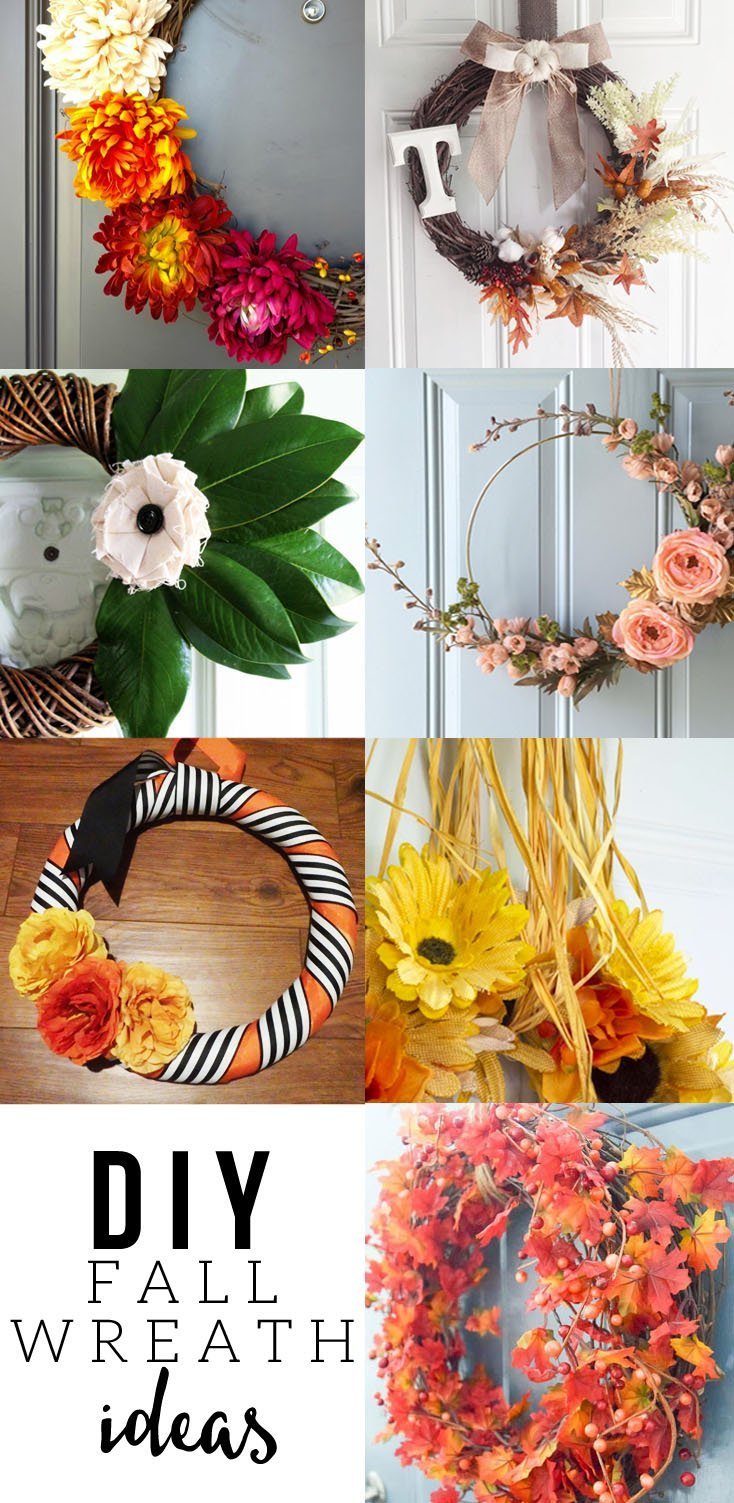 A collage of Fall wreath crafts. Seven different images of various DIY Fall wreaths from different bloggers.