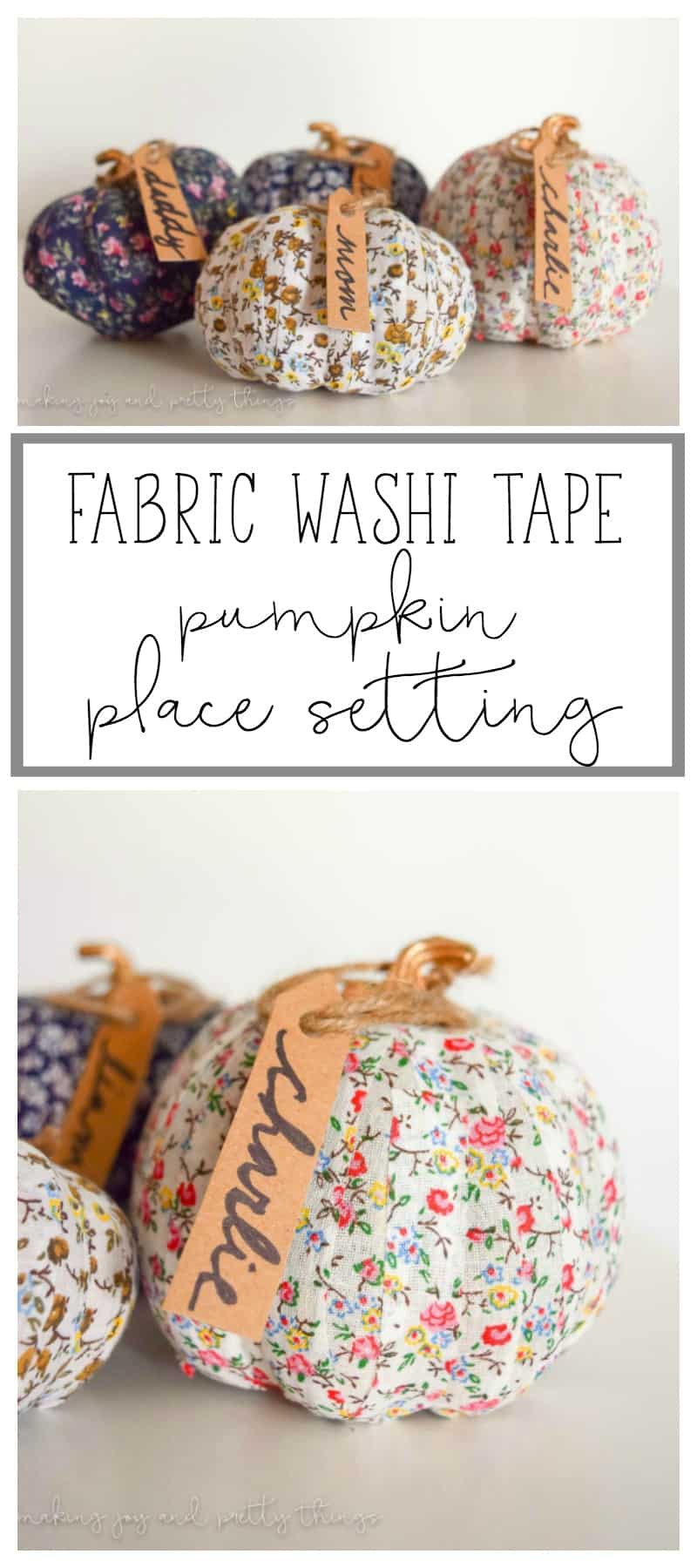 These fabric wash tape pumpkins are the perfect place setting for your fall-themed dinner party or Thanksgiving dinner.