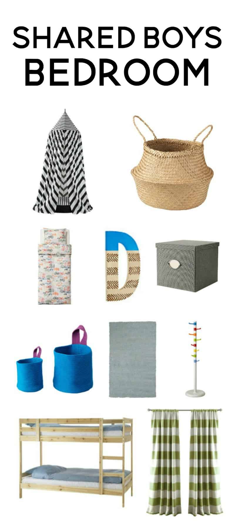 A collage of decoration we picked for our shared boys bedroom, including a bunk bed, curtains, storage containers and more.