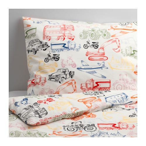 Patterned duvet cover for a kids bedroom bunk beds with cars and trucks