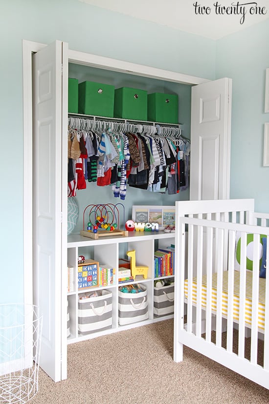 Utilizing a cabinet inside a close is a great way to maximize space in a shared kids room 