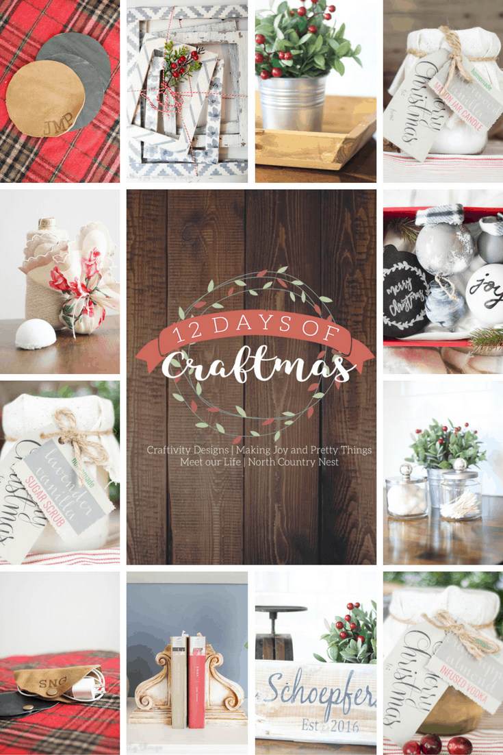 A collage of crafts - 12 small images of different Christmas-themed crafts surround a center image of a wood background with a 