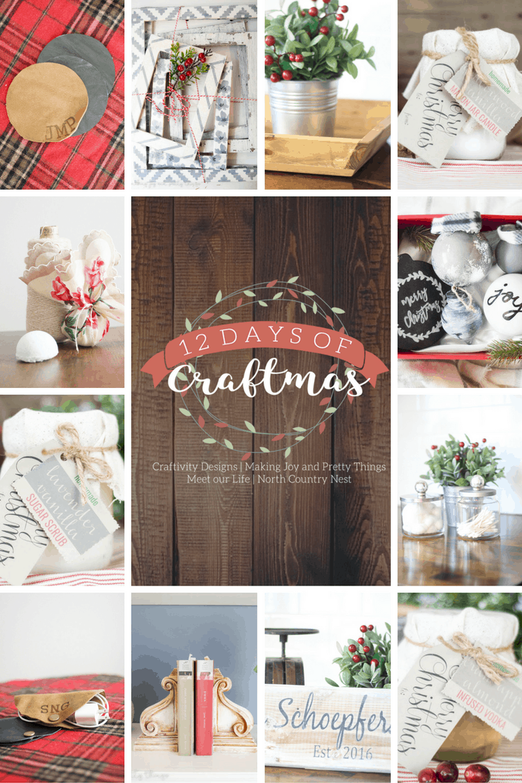A collage of images of Christmas crafts surround a central image with a wood background and graphic that says "12 days of Craftmas" in a red batter, surrounded by Christmas lights. The DIY Christmas crafts pictured include crafts like table centerpieces, DIY gift tags, ornaments, and more.