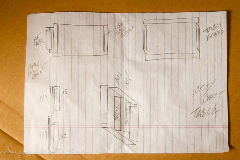 sketched out drawing for DIY wood kids craft table with each part labeled