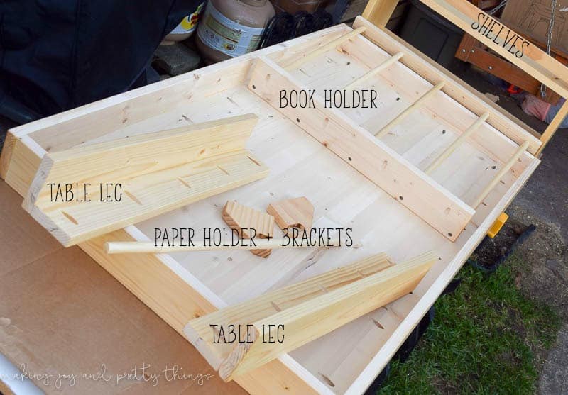 All the individual wood components for the kids craft tabletop, labeled with black text.