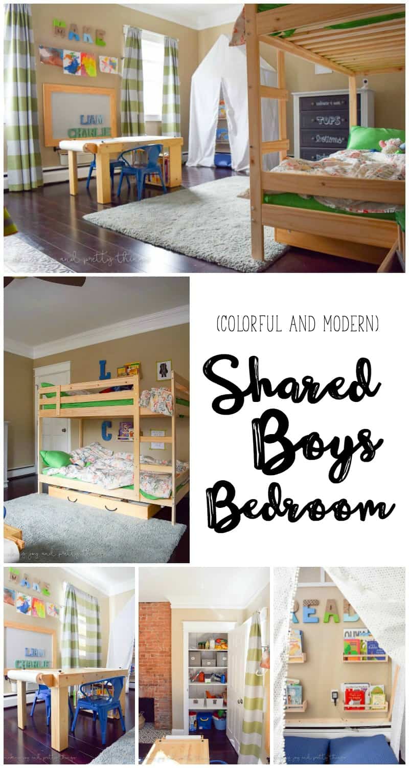 Shared Boys Bedroom packed with tons of storage and organization ideas, a kids craft table, kids reading nook, bunk beds, DIY magnet board, clothing storage and fun, bright and modern design!