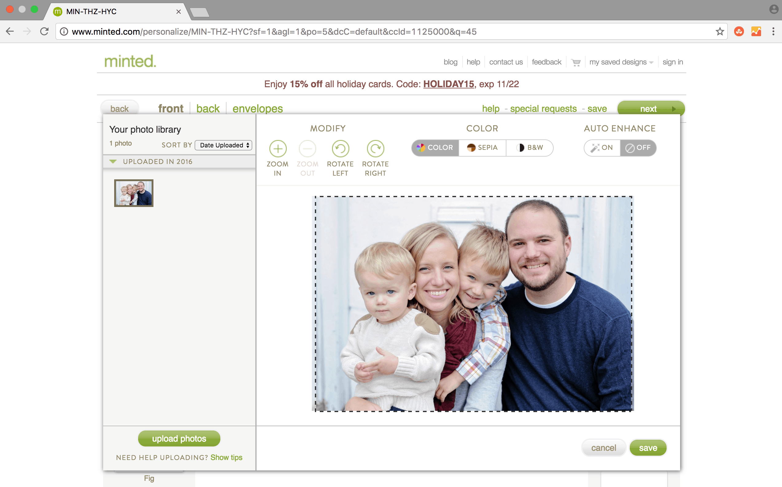 Uploading a family photo is the first step in creating your own Christmas cards on minted.com