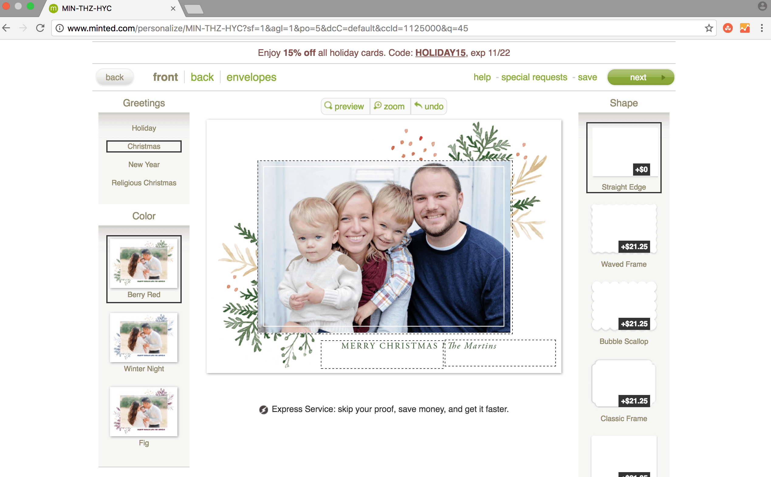 Once you have your photo selected designing the rest of your Christmas cards is simple and easy