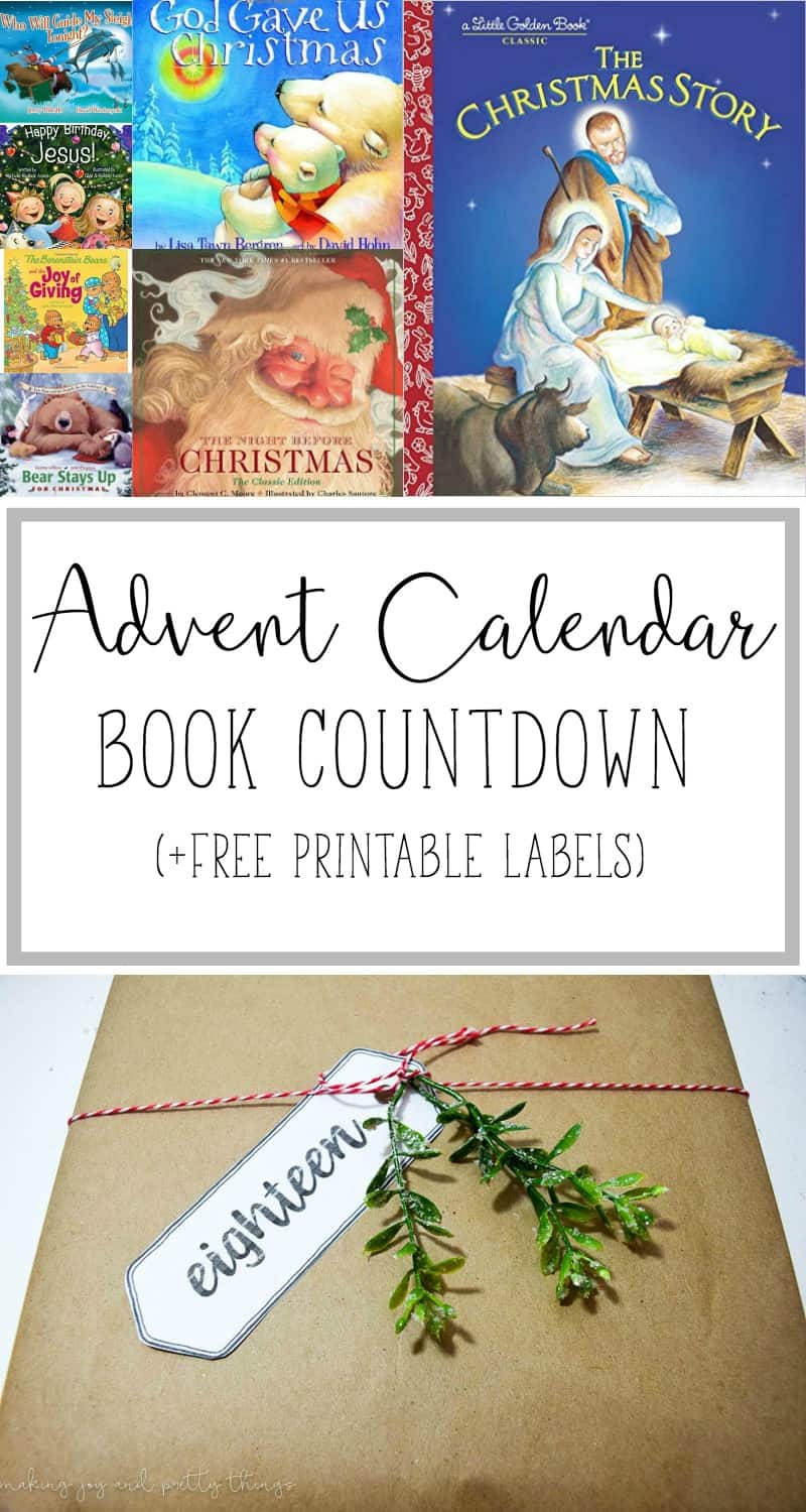 28 advent calendar book countdown plus free printable labels!  Get into the Christmas spirit and keep the true meaning of Christmas in mind with a Christmas book countdown.