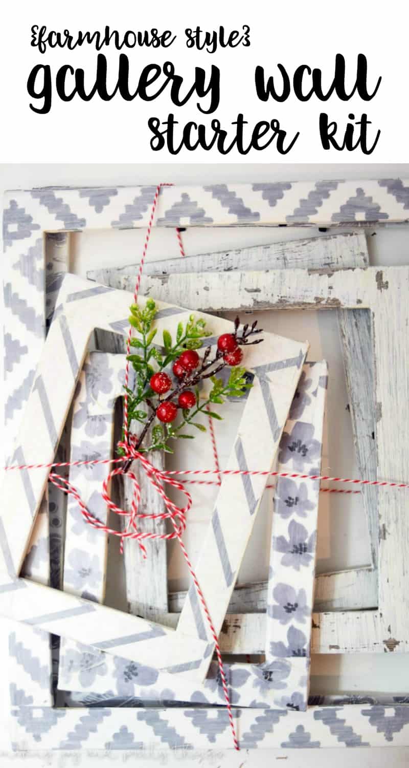 A stack of picture frames is tied together with red and white striped string and faux holly berries. Each farmhouse picture frame is painted white and gray with different patterns. Some are distressed to look vintage.