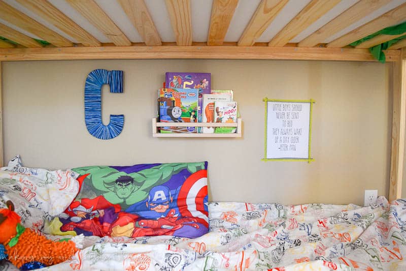 A photo of a bunk bed with a cute letter C and a book.