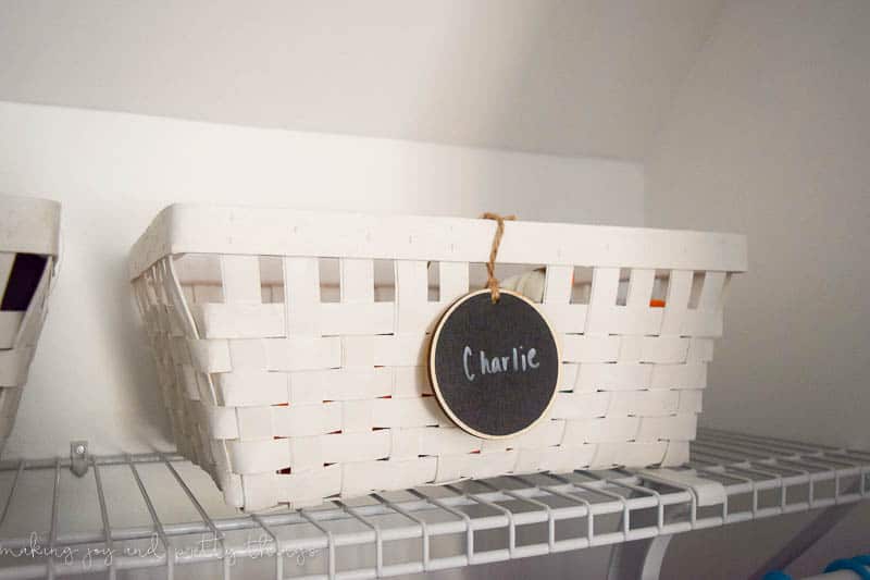 A photo of a basket on the cabinet.