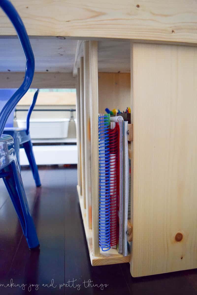 A photo of a craft table with shelves for crayons, markers, and Play-Doh.