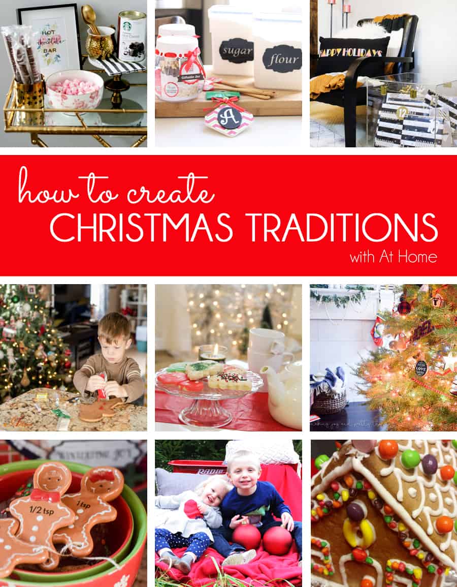 A collage of many Christmas-themed images, from colorful Christmas decor to children helping to decorate the Christmas tree. A red bar in the center of the image had white text that reads "how to create Christmas traditions"